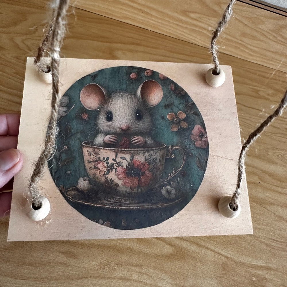 Hand crafted hanging floating shelf with mouse in teacup rustic rope wall shelf